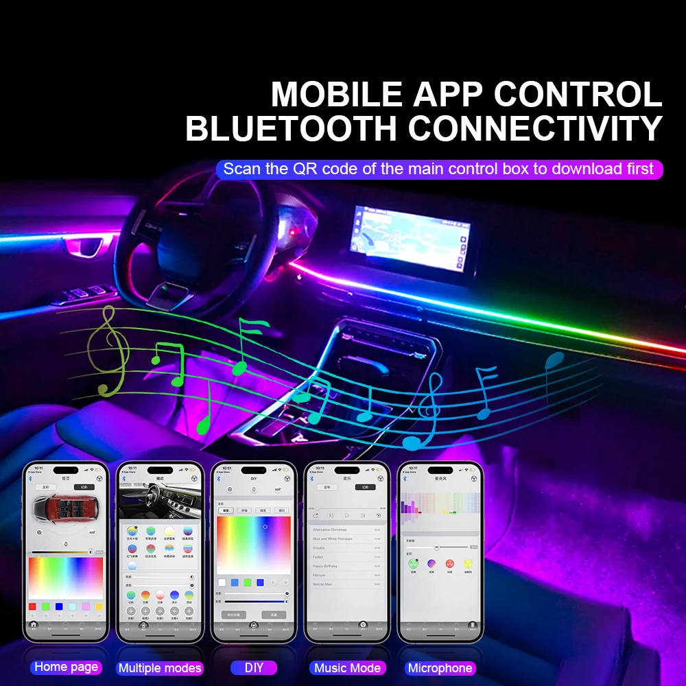 18 in 1 Zweizonen-Symphonie LED Auto Umgebungs lichter RGB 64 Farben Innen  Regenbogen Acryl streifen Neon Atmosphäre Beleuchtung Kit App