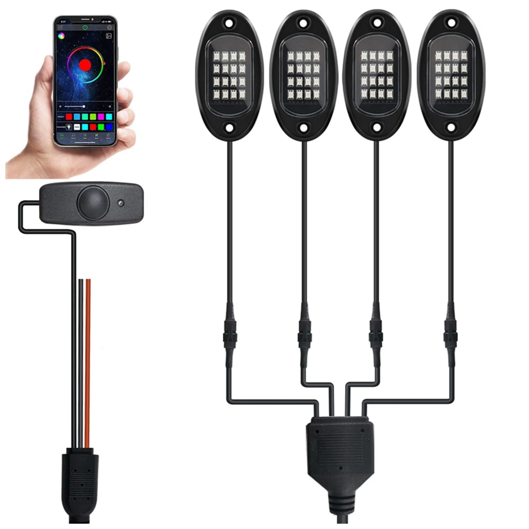 

RGB-подсветка, 16 светодиодов, неоновое подсвечивающее освещение, 4 подсветки, водонепроницаемый музыкальный режим, фотоподсветка для Jeep, грузовика, автомобиля, UTV, квадроцикла