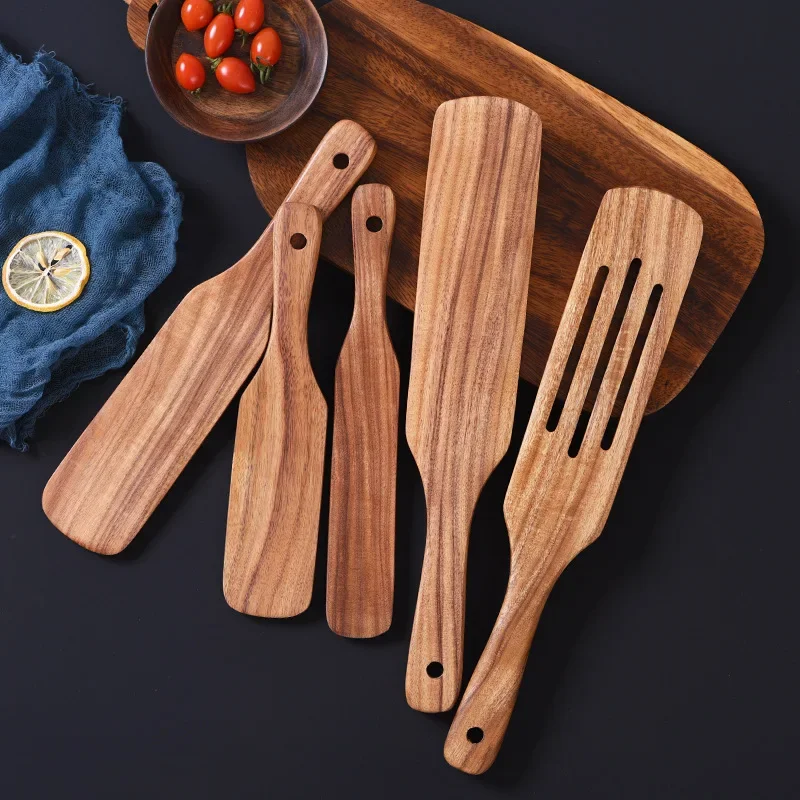 

Деревянная лопатка из акации для приготовления пищи, наборы кухонной утвари с прорезью, антипригарная лопатка с длинным хвостовиком для смешивания материалов, посуда