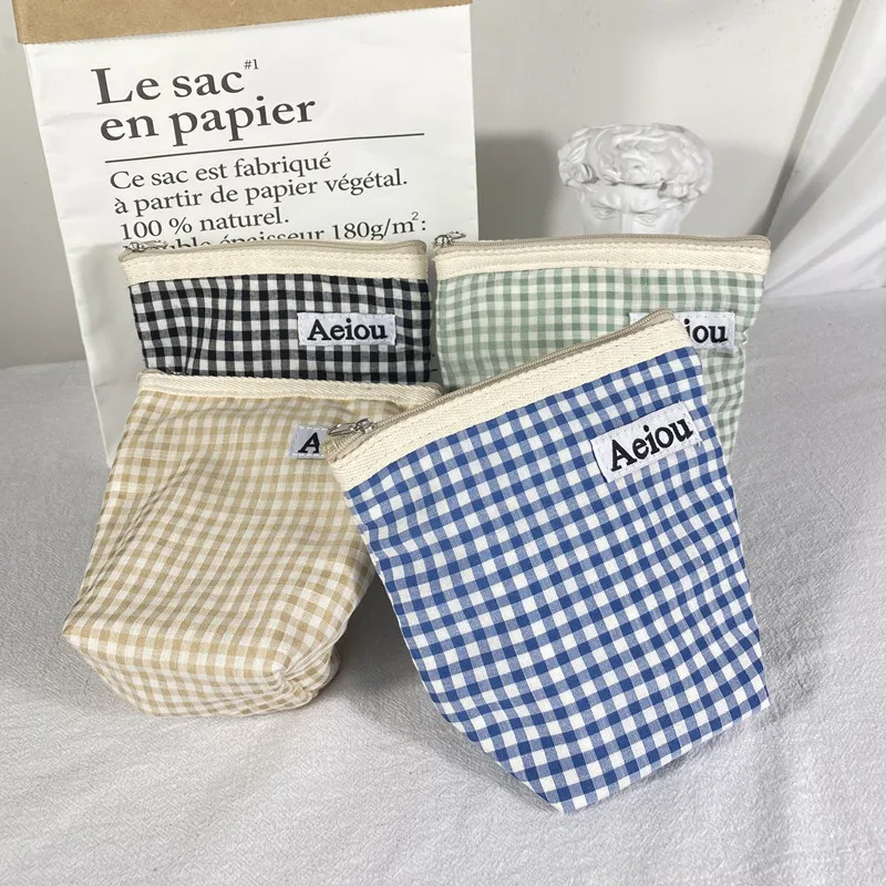 New Plaid Mini Cosmetic Bag Canvas Coin Purse Money Wallet Portable Women Small Pouch Makeup Organizer Case Lipstick Storage Bag