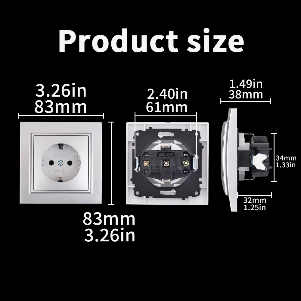 WESA Silvery Socket Plug Power Socket EU Electrical Outlett With Ground Flame Retardant Spray Paint Plastic Wall Embed Electrical Socket Power Socket