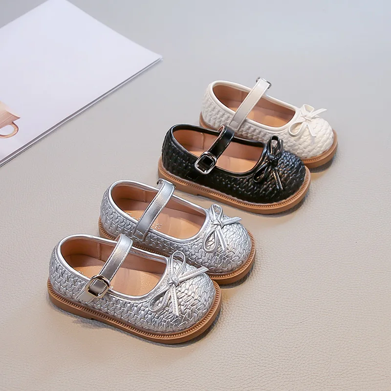 Girls Leather Mary Jane Flat Shoes with Fairy Bowknot