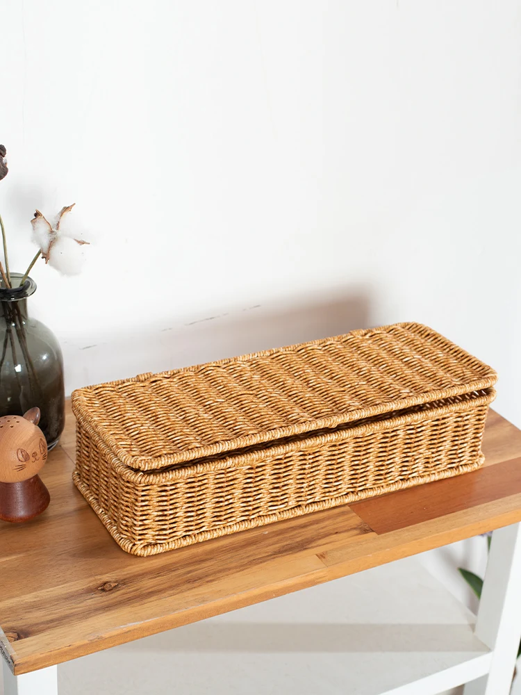 

Desktop storage box Rectangular imitation rattan knitting with hand gift box Bedroom dormitory cosmetics organizer box