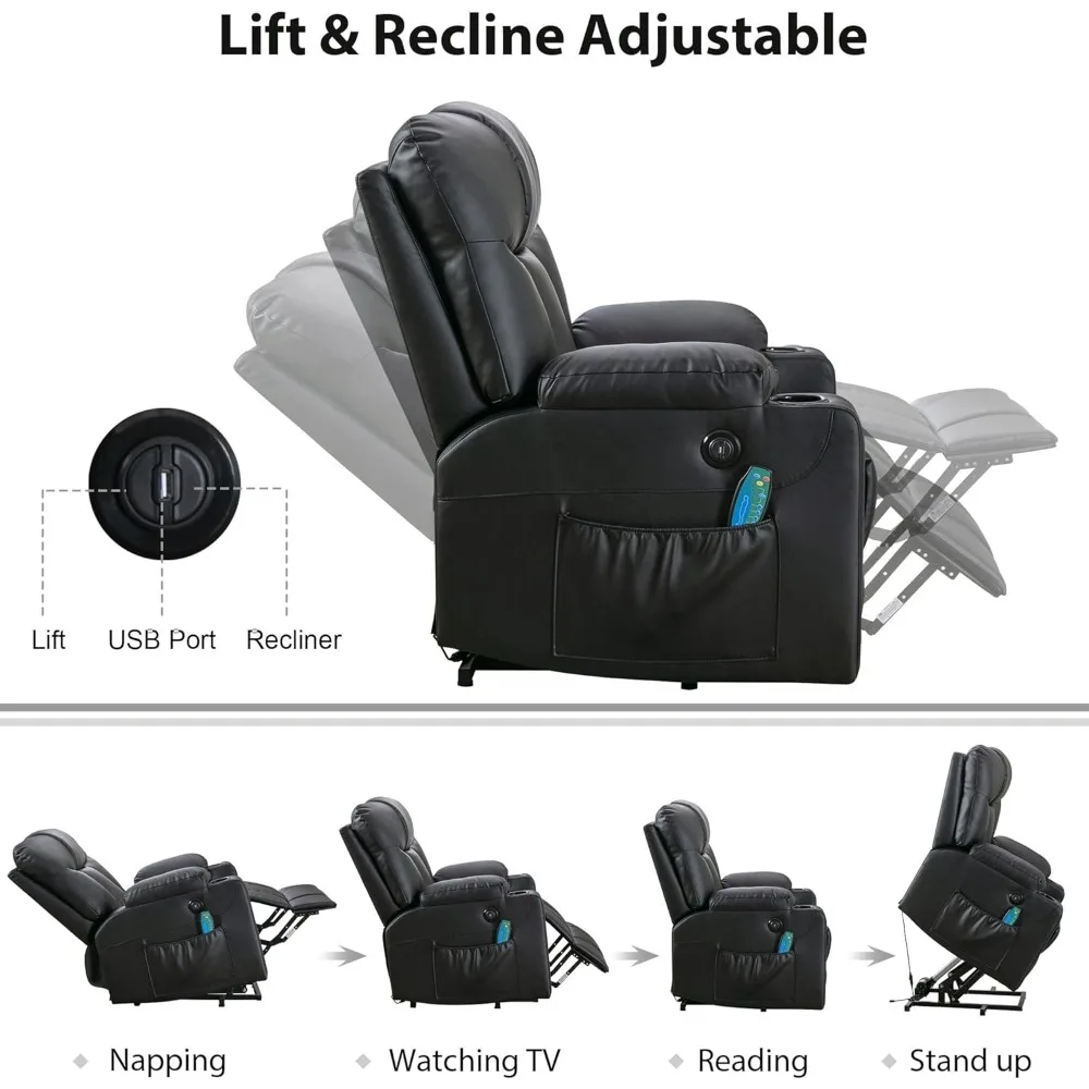Extra Wide Power Lift Recliner with Heat & Massage, Faux Leather Chair for Elderly Adults, 2 Cup Holders