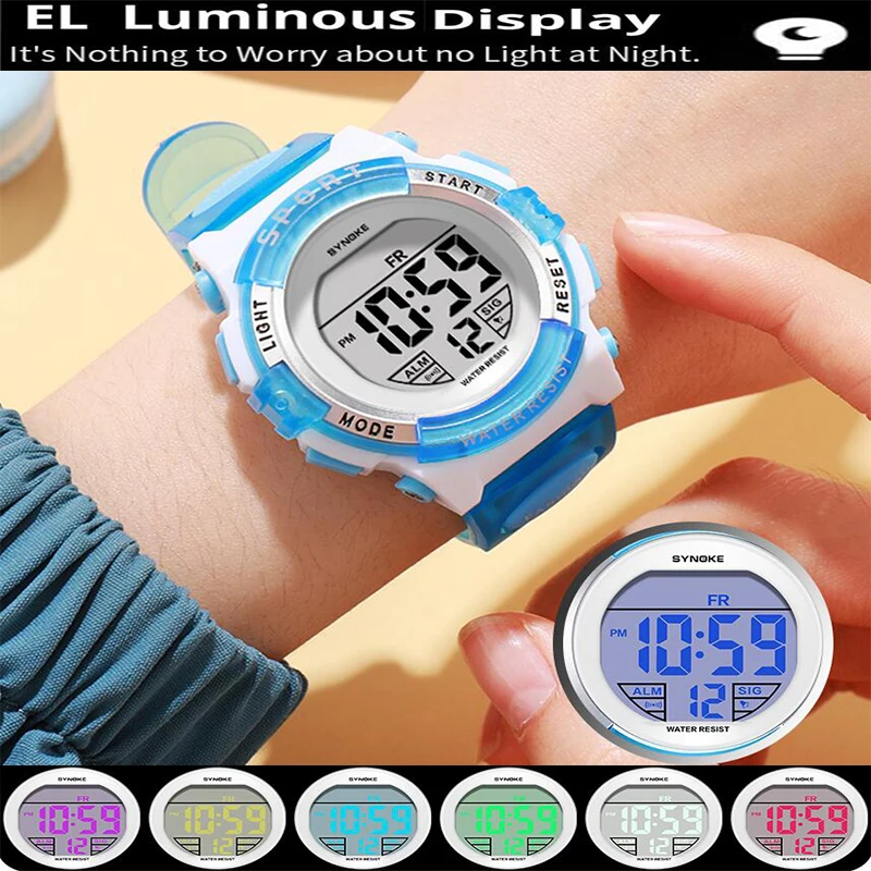 Synoke Kids Digital Watches Colorful Light PU Strap 50M Waterproof Led Sport's Children Wristwatch Boy Girl Alarm Clock 4