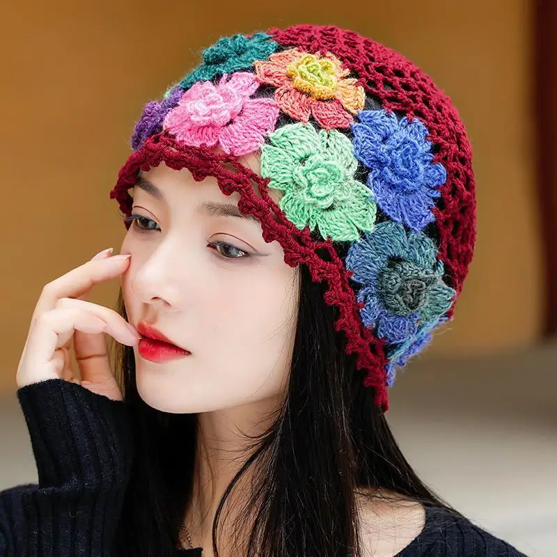 Japanese Spring Summer Literary and Artistic Colorful Flower Hollow Bag Head Hat Women Sweet Fashion Hand-crocheted Beanie Cap 5