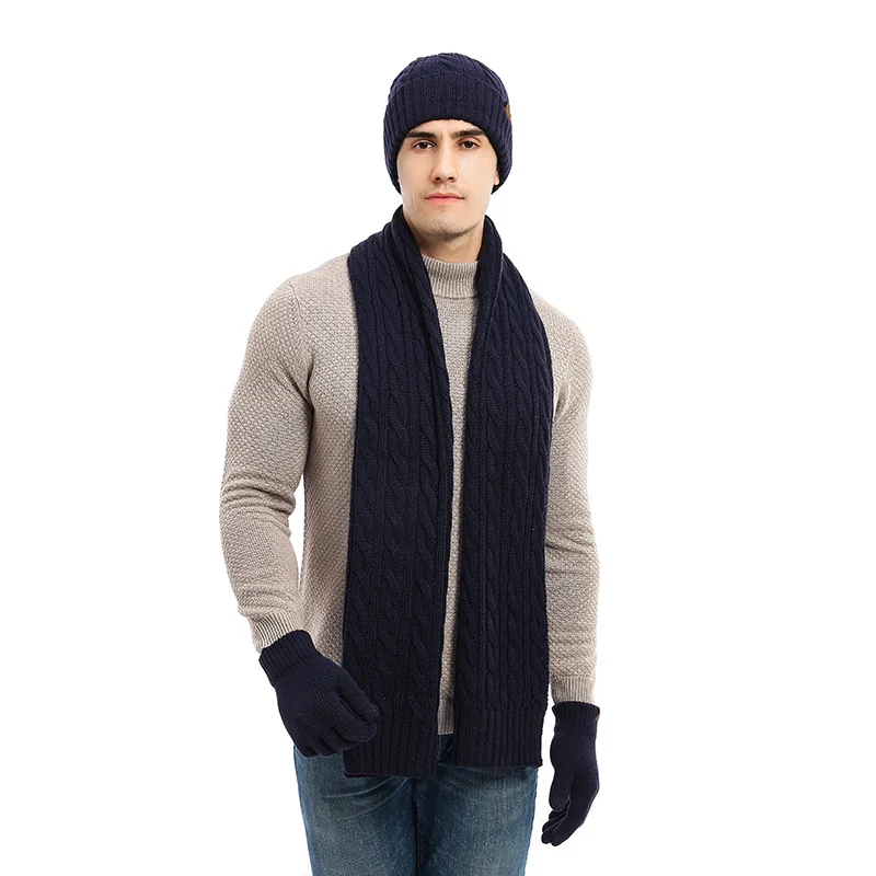 Men's Autumn Winter Keep Warm Set Solid Color Unisex Beanie Gloves Scarf Male Wool Knitted Muffler Spring Fall Fleece Lining Hat
