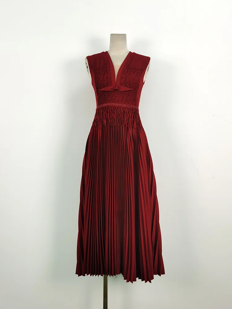 Eshin Sleeveless Solid Color V Neck Hand Made High Quality High Waist Party Dress For Women 2024 Summer Fashion Female TH6794