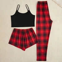 3Pcs Women's Pajama Set Camisole Shorts Trousers Three-Piece Bow Tie Home Wear Set Plaid Print Sleepwear for Women Christmas pjs - Image 3