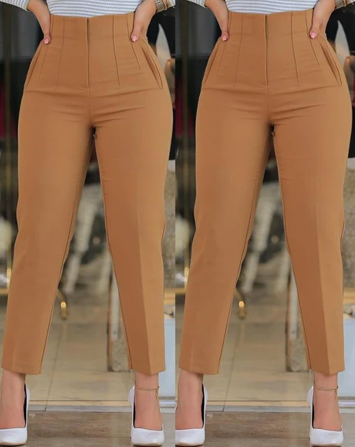 Women Suit Pants High Waist Pleated Pockets Business Trousers Ninth-Length  Lady Trousers Solid Color Straight Leg Suit Pants