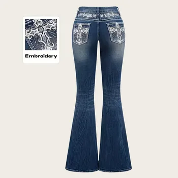 Jeans Flare Pants Women Vintage Boot Cut Embroidery Pockets Rhinestone Washed Female Distressed Denims Trousers Streetwear
