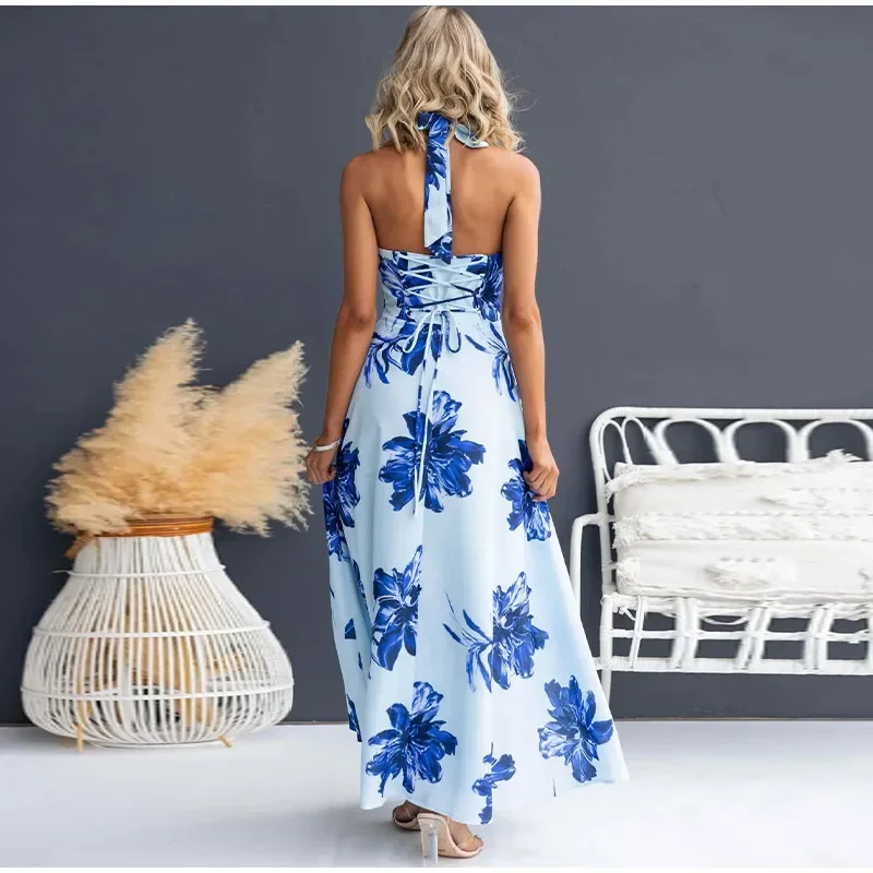 Damen-Maxikleid mit Blumendruck, Neckholder, tiefem V-Ausschnitt, ärmellos, hohe Taille, Schnürkleider, lässig, für den Urlaub, Strand, Streetwear – Detail 23