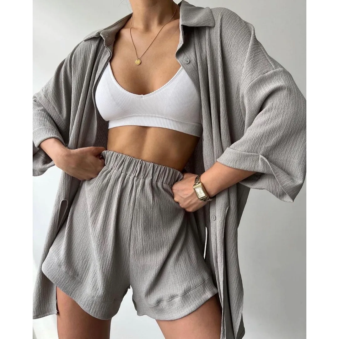 Women Shorts Set Short Sleeve Cardigan Shorts Two-piece Set Pajamas Loungewear Casual Loose Nightwear Solid New