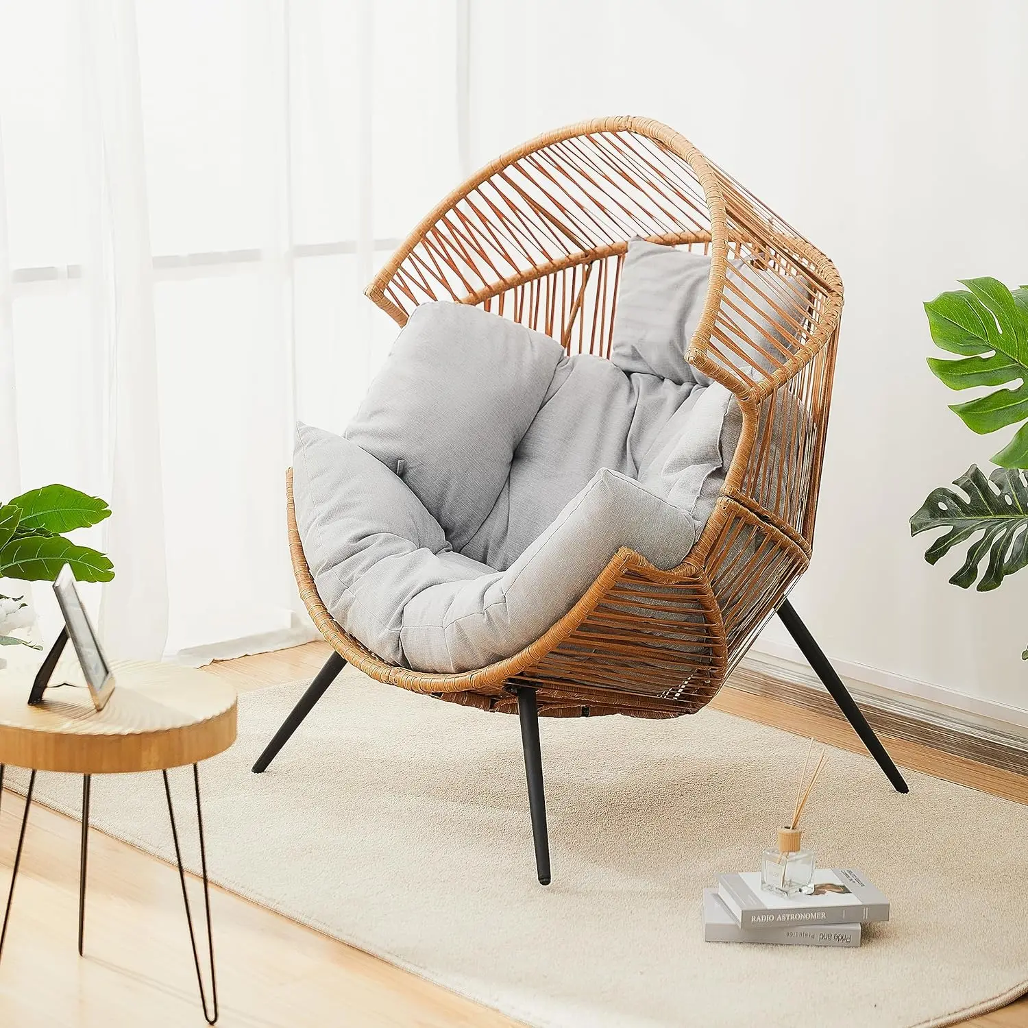 

Patio Outdoor & Indoor Egg Chair PE Rope Open Weave Egg Chair with Stand Lounge Chair for Front Porch, Backyard, Living Room