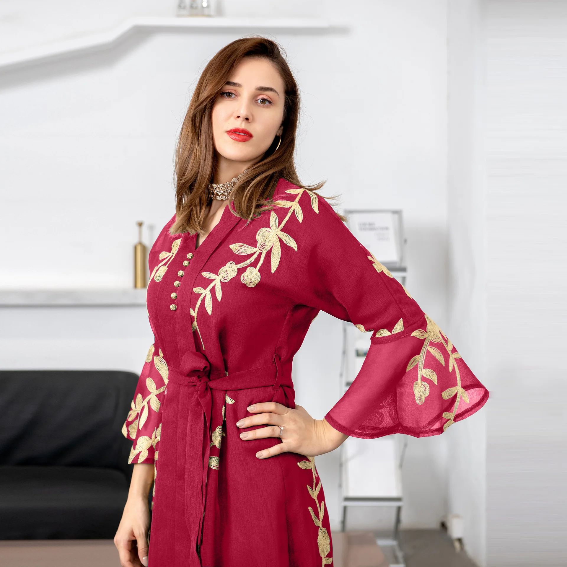 AB170 Muslim Four Seasons Gauze Embroidered Robe European American Women's Temperament Evening Dress Arab Dress