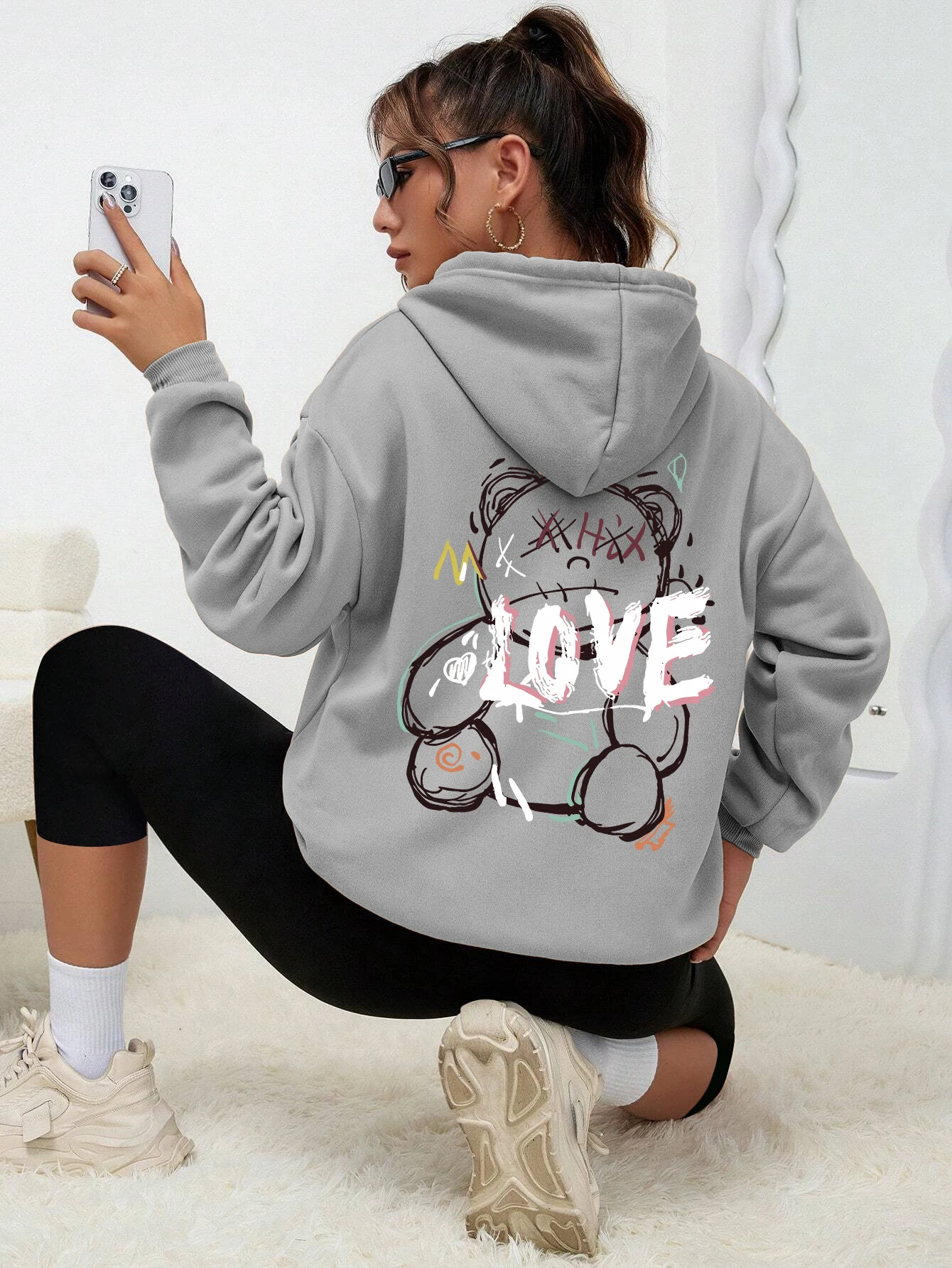 Graffiti Line Bear Simple Print Female Hoody Harajuku S-3xl Sweatshirt Fashion Casual Street Hooded Autumn Warm Streetwear Women