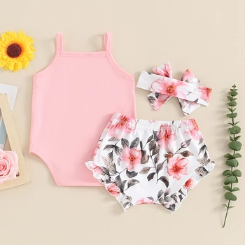 2024-03-09 Lioraitiin 0-18M Cute Baby Girls Summer Clothes Set Sleeveless Letter Print Romper+Frill Trim Flower Shorts+Headband 3