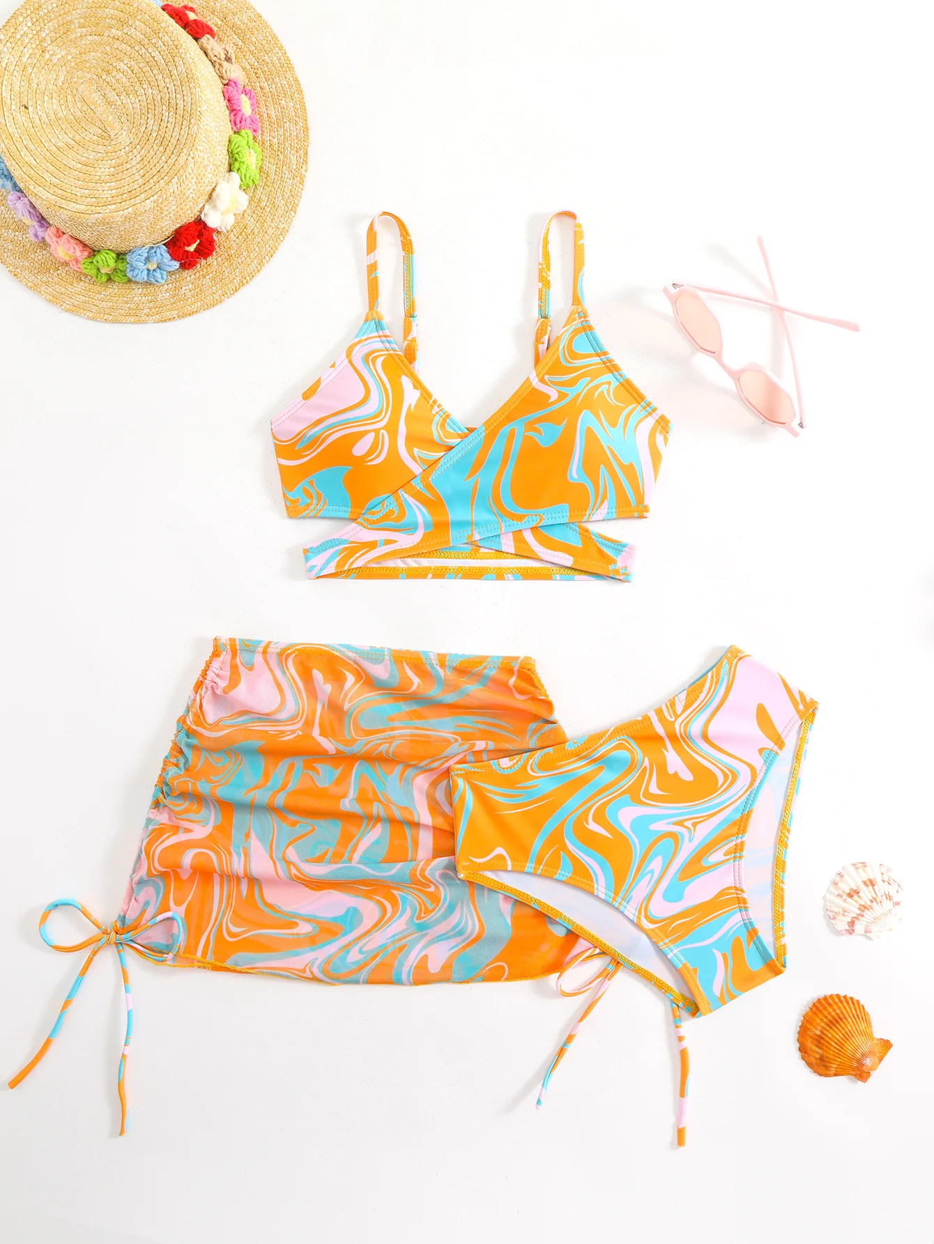 3pcs Swimming Suit for Girls Summer Beach Dress Swimsuit Tie-dye Printed Skirted Bikini Set Kids Bathing Suit