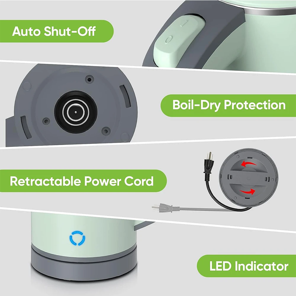 Chaleira elétrica portátil do curso, forro de aço inoxidável, Auto Shut-Off, Chaleira Home, Fervura rápida, 110V, 220V, 0.8L, 600W, 5Mins 4