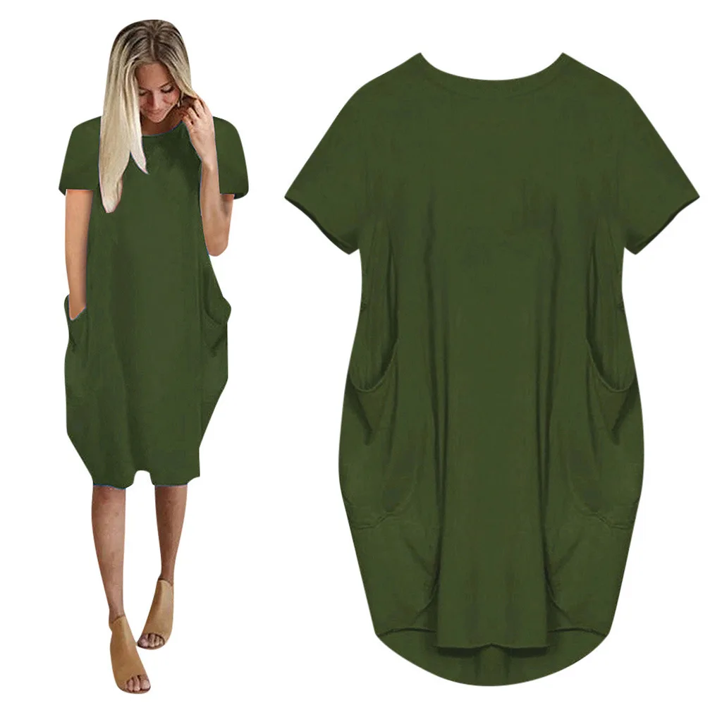

Summer women's dress 2022 new pocket o neck short sleeve loose vintage dress women's oversize casual MIDI solid DRESS 8 colors