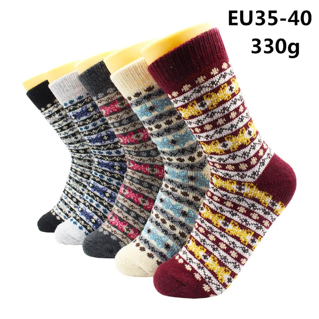 5 Pairs Winter Warmer Women Thicken Thermal Wool Cashmere Snow Socks Fashion Casual Euramerican National Wool Socks for Women 5 Pairs -YM015