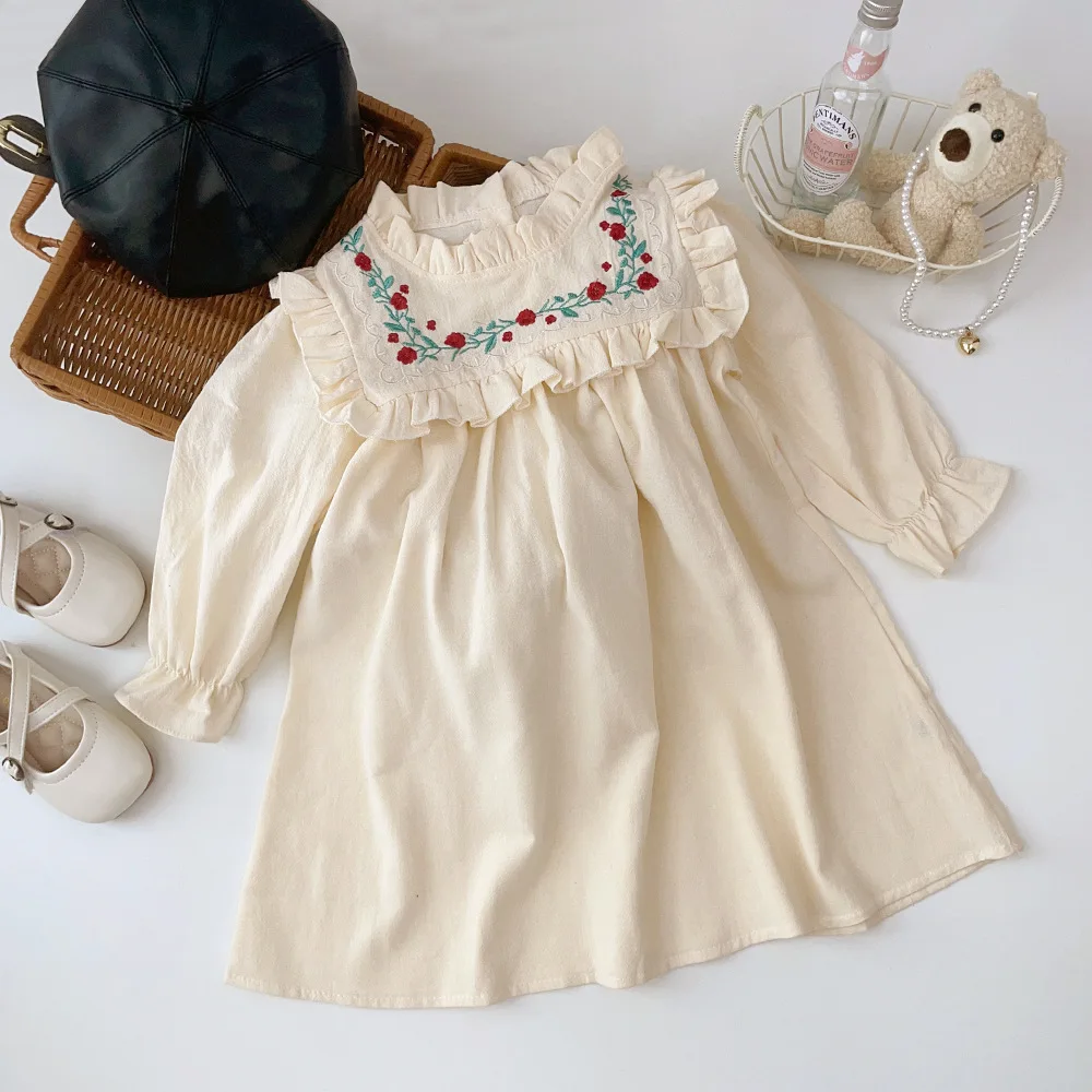 

French Embroidered Flower Standing Collar Girl's Dress 2023 Autumn Ruffle Edge Long Sleeved Girl's Princess Dress