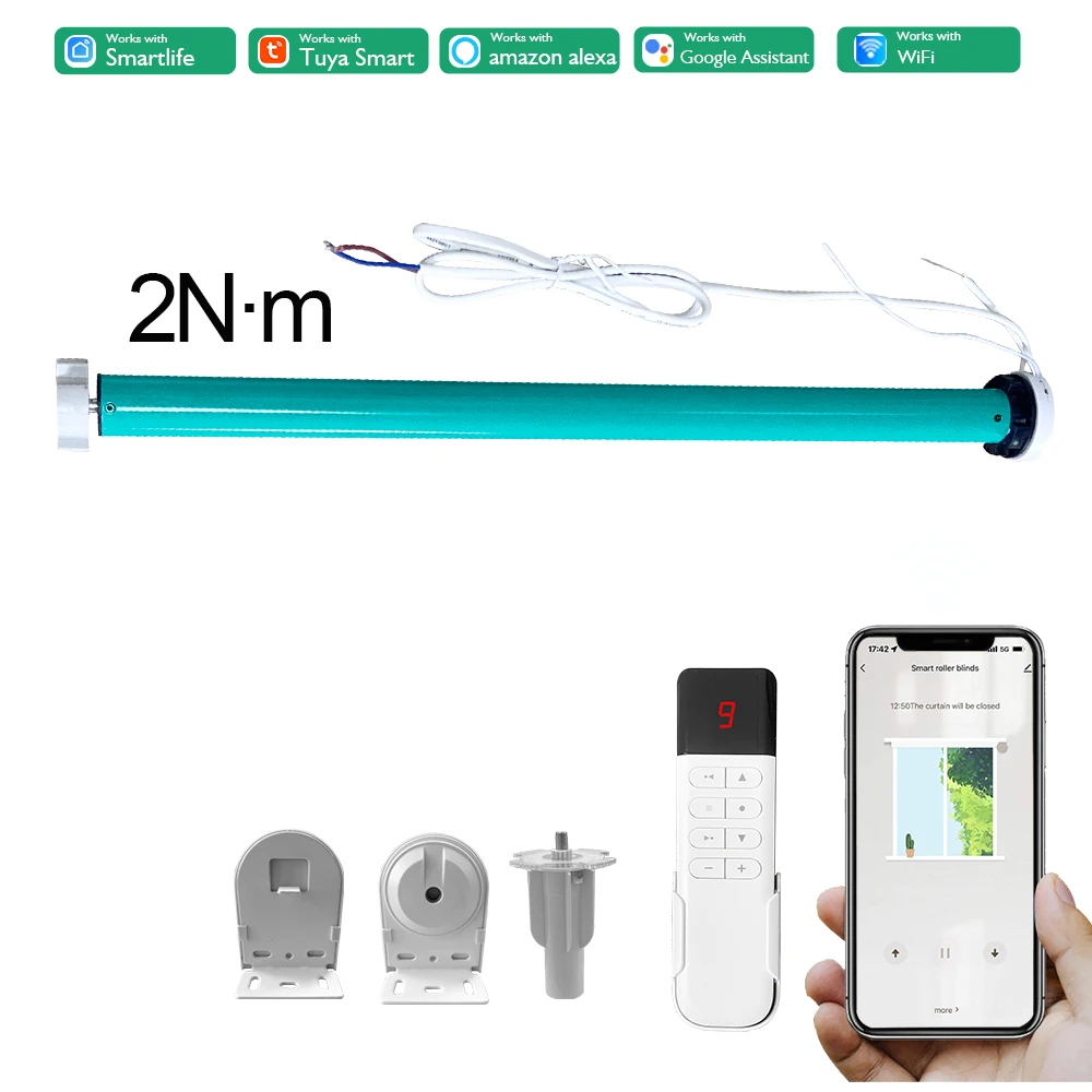 มอเตอร์ม่านม้วนไฟฟ้าแบบมีสาย Tuya Wifi 2N·m สำหรับท่อขนาด 37/38 มม. รองรับน้ำหนัก 10 กก. ขนาด 3×3 ม. ควบคุมผ่านแอป Tuya Smart Devices รีโมท  Alexa และ Google Home 1