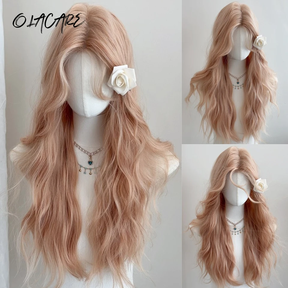 Pink Gold Synthetic Long Straight Wig with Bangs for Women