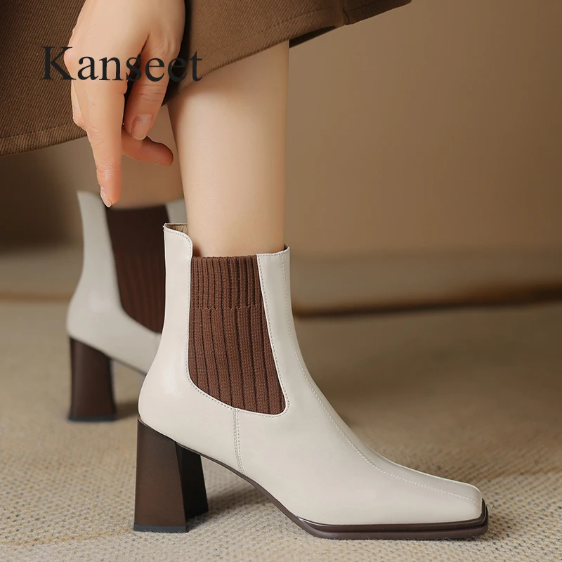 

Kanseet Real Leather Short Boots For Women Autumn Winter Square Toe High Quality Shoes Lady Elegant High Heel Elastic Ankle Boot
