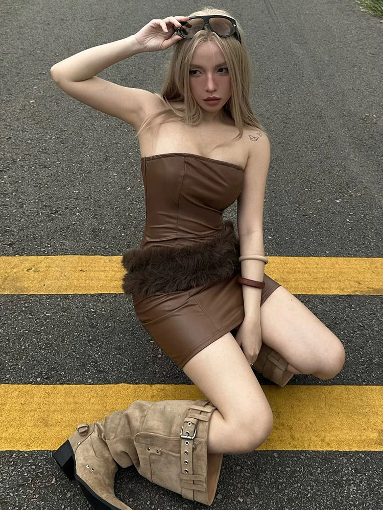 Nibber Sexy Fluffy Waistband+Leather Sleeveless Backless Mini Bodycon Midnight Hottie Music Festival Fashion Skinny Streetwear