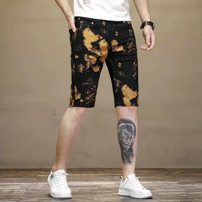 Summer Embroidered Men Black Denim Shorts Slim Fit Stretch Straight Mid Waist Pants Printed Camouflage Style Pure Cotton 3D 2024