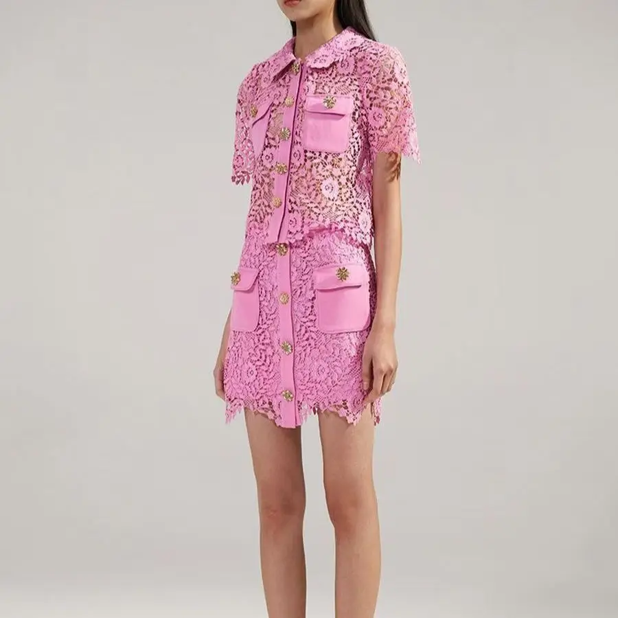 

Женское винтажное мини-платье, однотонное розовое кружевное платье на пуговицах с коротким рукавом и цветочным узором