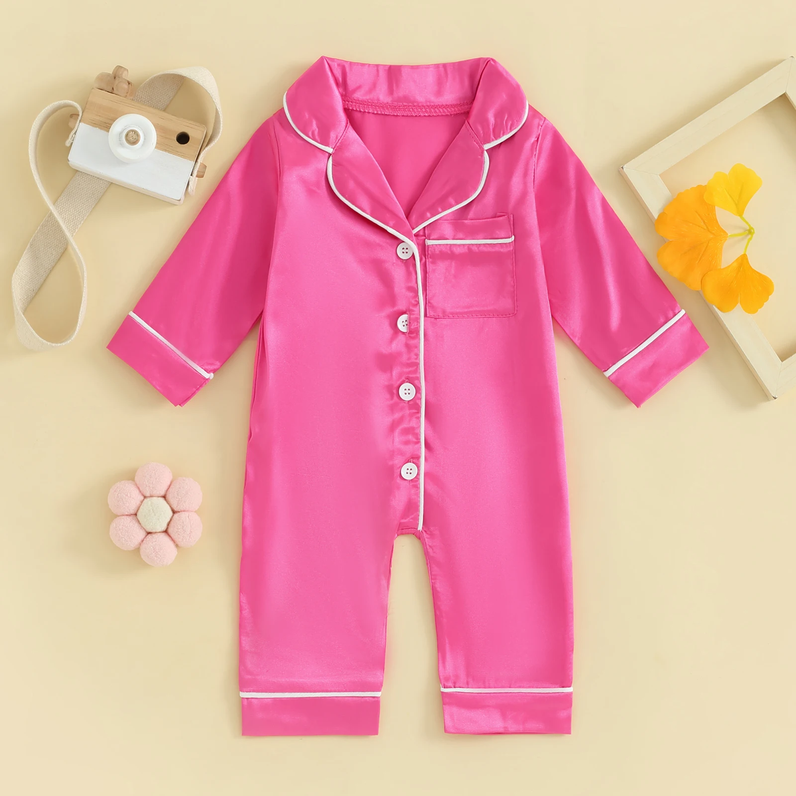 Silk Satin Baby Girls Boys Jumpsuit Pajamas Solid Color Button Long Sleeves Kids Rompers for Toddler Infant Loungewear Sleepwear