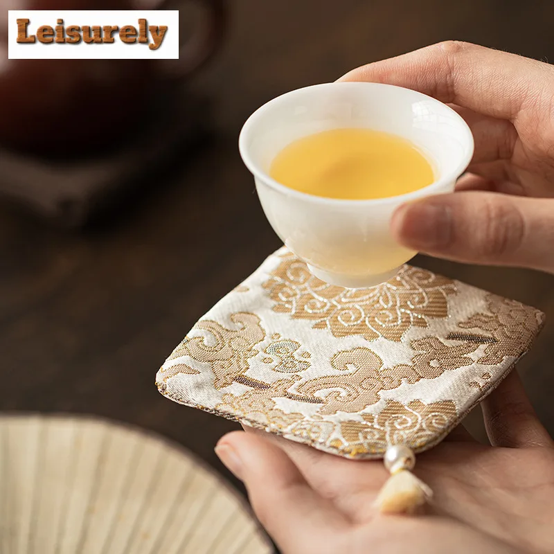 Retro Woven Brocade Tassel Coasters Luxury Hot Pad For Coffee Cups Saucer Anti-scald Placemats Teacup Base Tea Ceremony Gift