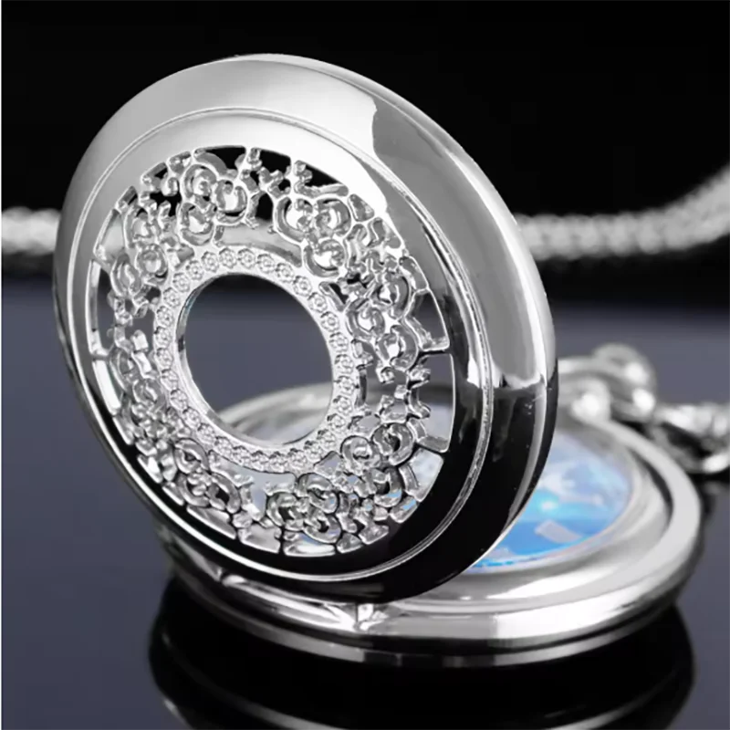 Pocket Watch Hollow Blue Starry Sky Dial Roman Numerals Quartz with Necklace