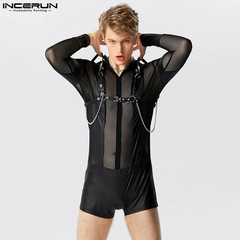 

INCERUN 2023 Men Rompers Mesh Patchwork Transparent Bodysuits Sexy V Neck Long Sleeve Zipper Fashion Fitness Unisex Bodysuit
