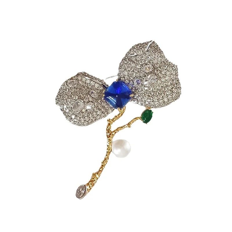 High Grade Full Blue Green Dual Color Flower Zircon Brooch Temperament  Luxury Plant Leaves Freshwater Pearl Accessories Pin