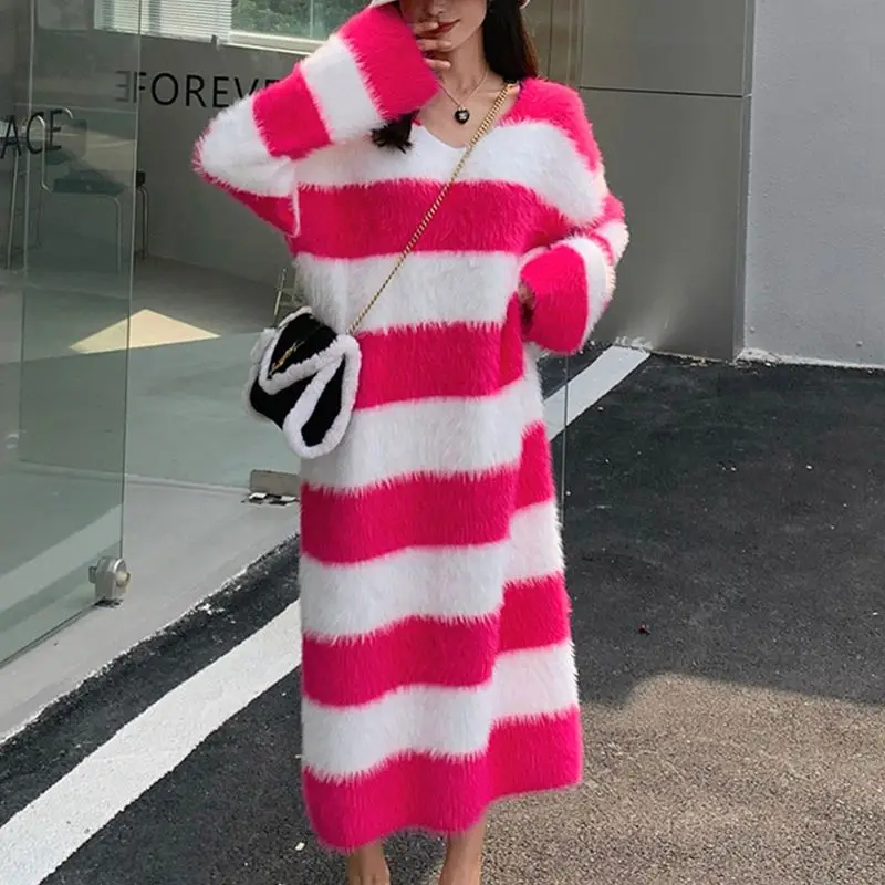 

2023 New Autumn and Winter Fake Fur Mink Cashmere V-neck Sweater Dress Women's Loose Striped Fluffy Angora Soft Dress U96