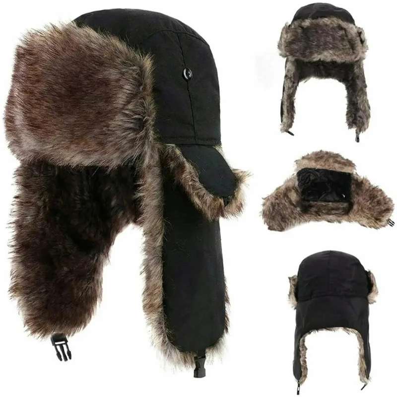 

Men's Winter Trapper Trooper Earflap Warm Russian Waterproof Ski Hat Bomber Cap Russian Warm Ear Protectors Hats