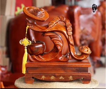 Ruyi Decoração Em Madeira Escultura, Fulu Shou Peach, Home Living Room, Artesanato em madeira maciça Presentes