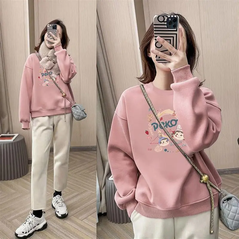 Fashion Solid Color Printing Cartoon Casual Sweatshirts Female Clothing 2023 Autumn Oversized Korean Tops All-match Sweatshirts