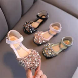 2022 Summer New Fashion Diamond Bow Princess Sandals Girls High Heels Children's Soft Soled Shoes Children's Sweet Beach Shoes