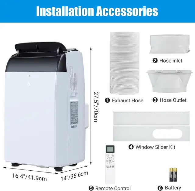 14,000 BTU Portable Air Conditioner with Dehumidifier & Fan, AC Units Cools up to 750 Sq. Ft., Remote Control, Auto Swing 2