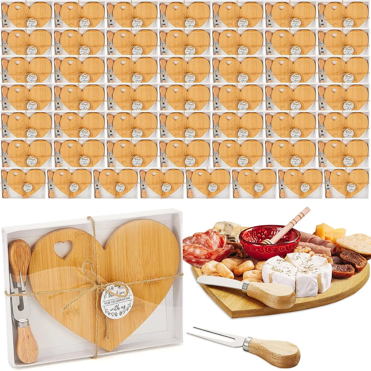 50 Set Bridal Shower Favor Heart Cheese Board Cheese Knives Wood Mini Charcuterie Board Thank You Gift Box