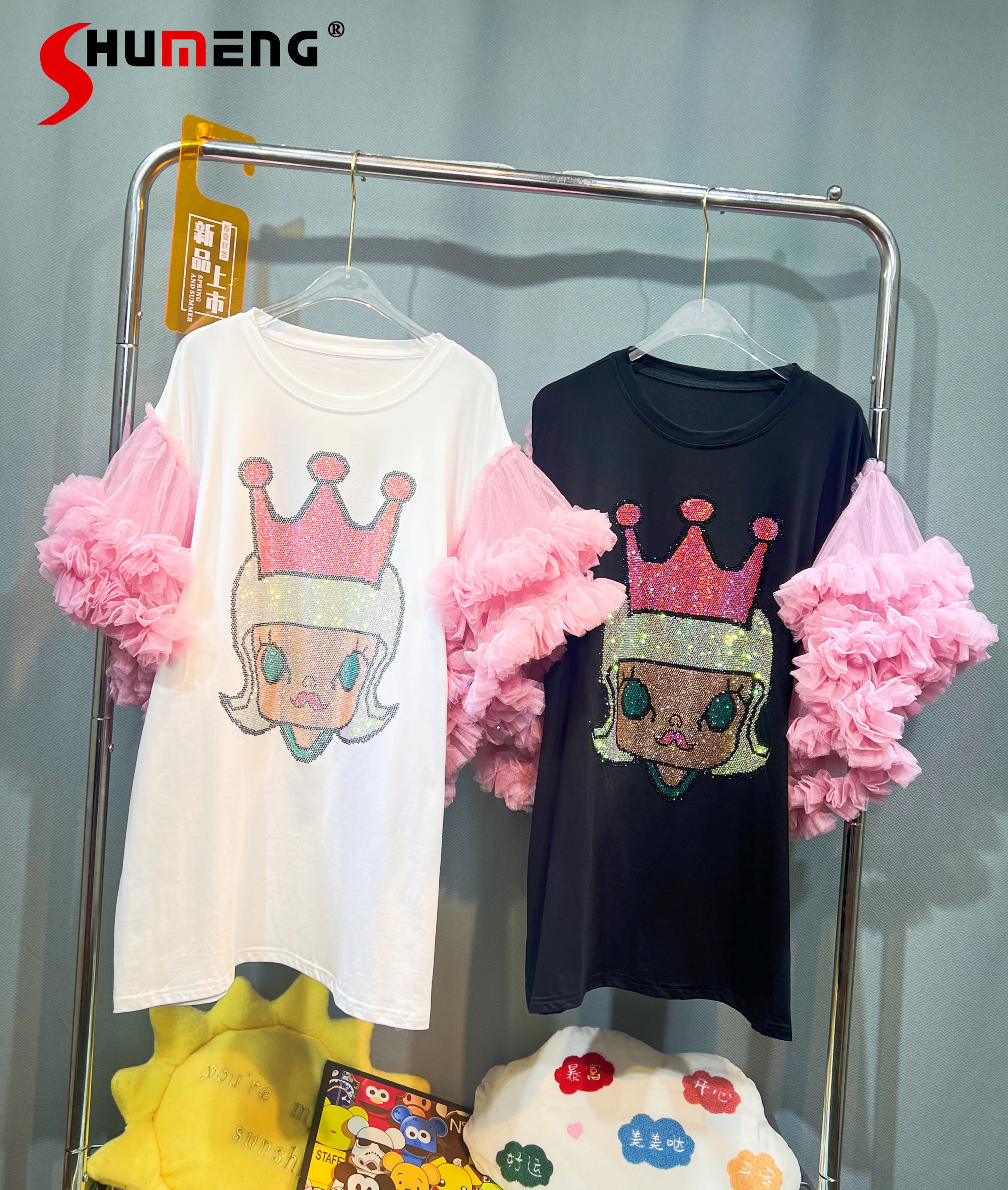 fashion-sweet-cute-t-shirts-women's-2024-new-rhinestone-mesh-stitching-loose-cotton-tops-feminine-high-street-nice-t-shirt