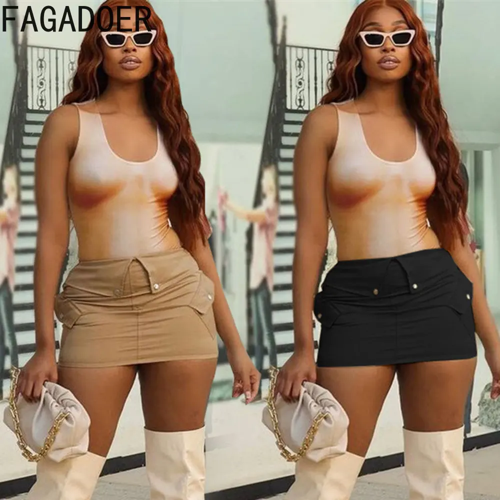 FAGADOER Fashion Streetwear Women High Waisted Zipper Pocket Mini Skirt Summer Solid Color Slim Party Club Clothing Bottoms 2023