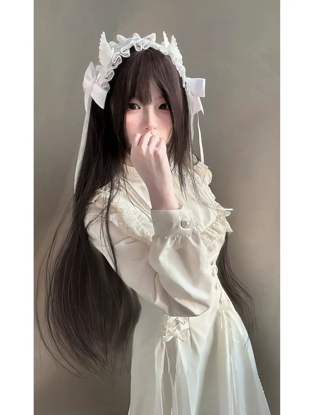 Japanese Style Kawaii Lace-up Midi Dresses Women Princess Party Dress Long Sleeve O-neck High Waist Y2K Gothic Vestidos Mujer