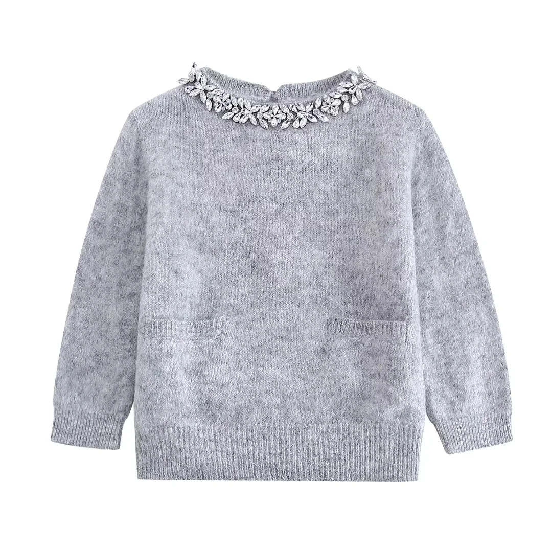 

TRAF Woman 2024 Jewelry Sweater Autumn O-Neck Long Sleeve Soft Women's Pullovers Luxury Collar Knitted Tops Fashion Warm Jumper