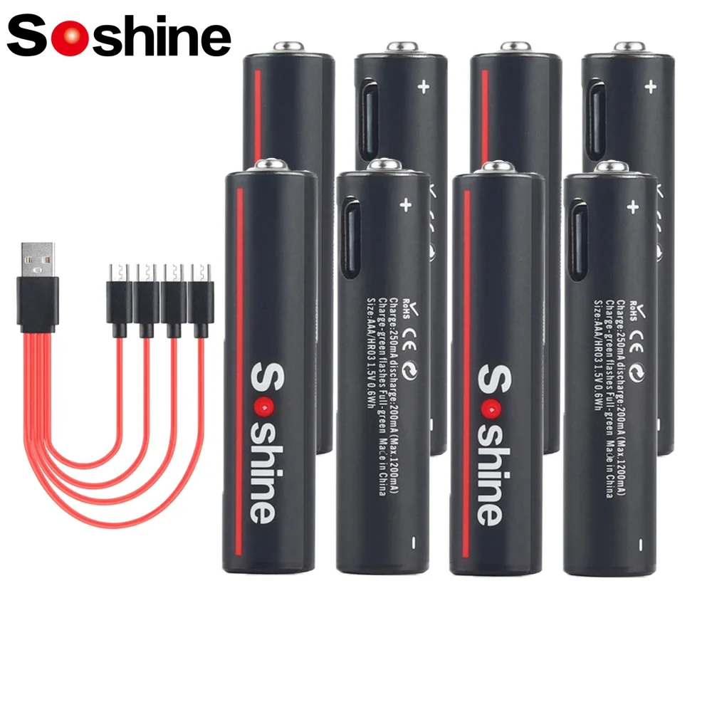 Soshine 600mWh USB Li-ion AAA Rechargeable Battery Aaa 1.5V Lithium Batteries with 4-in-1 USB Cable for Toys Camera Flashlight