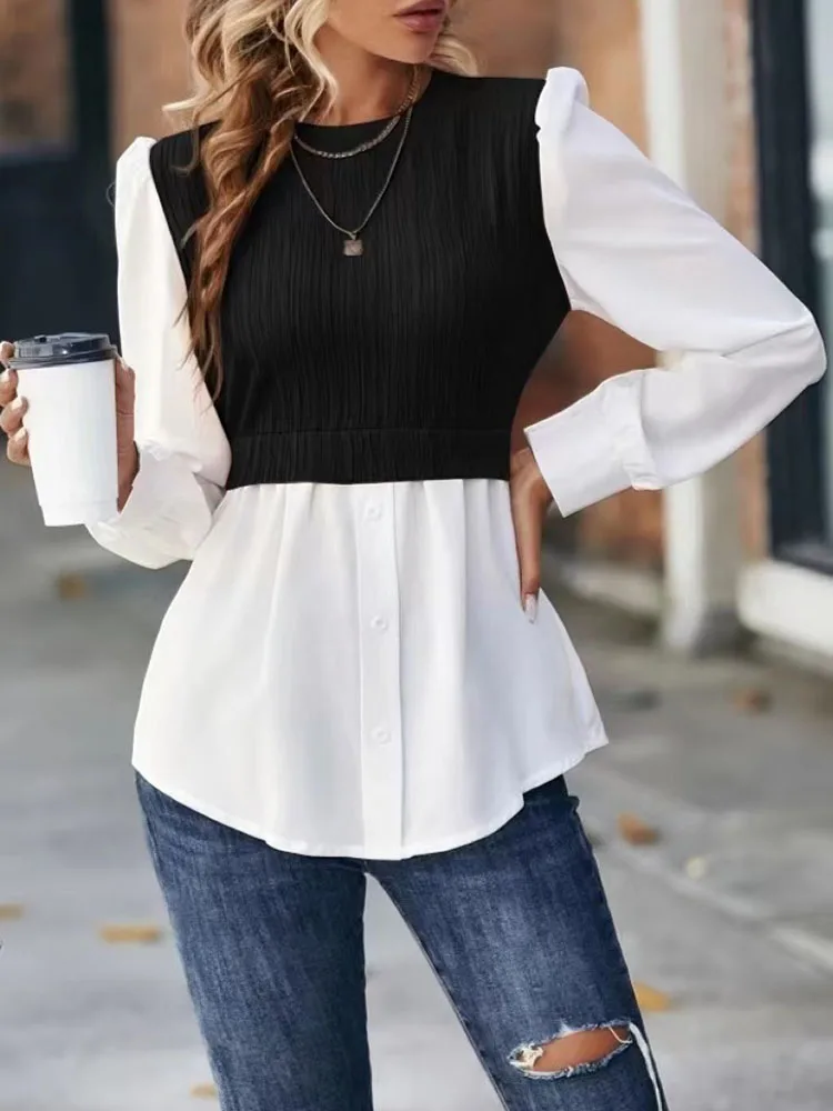 Women's New White Blouse Spring Autumn Casual O-neck Puff